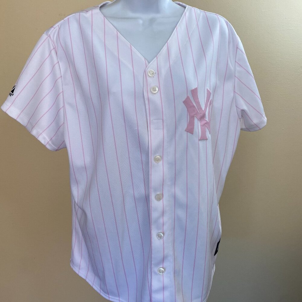 NY Yankees women's Pink Stripe Majestic Jersey/ Short Sleeve